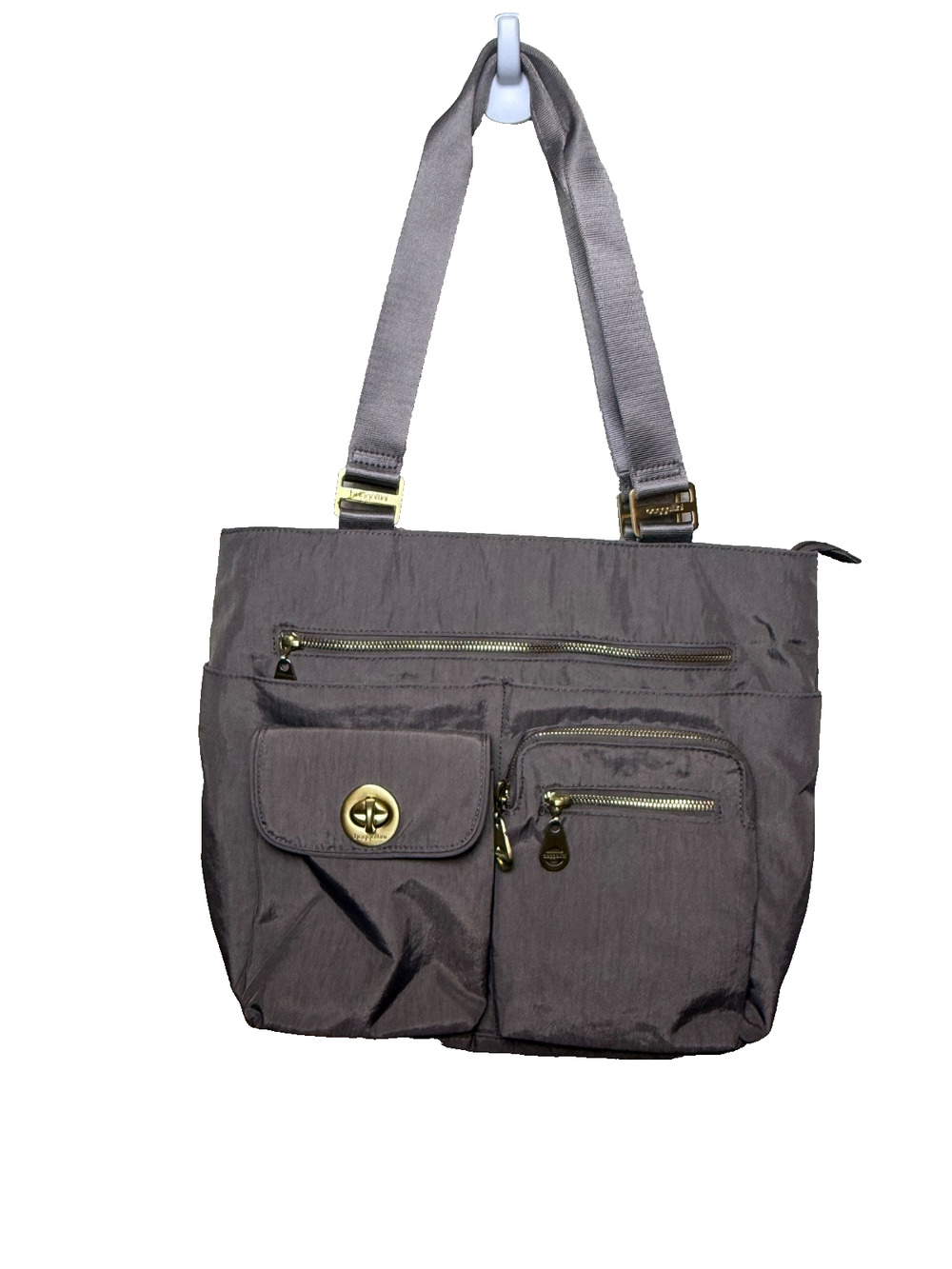 Baggallini Tulum Tote Taupe Gold Hardware Trolley Sleeve Shoulder Bag